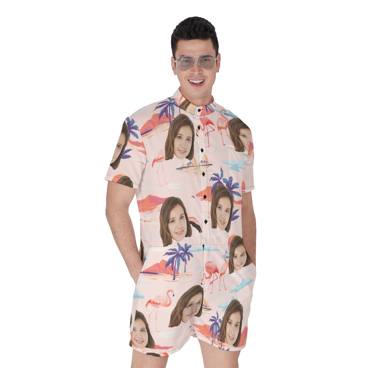 Custom Face Flamingo Beach Romper For Men - variant image 1