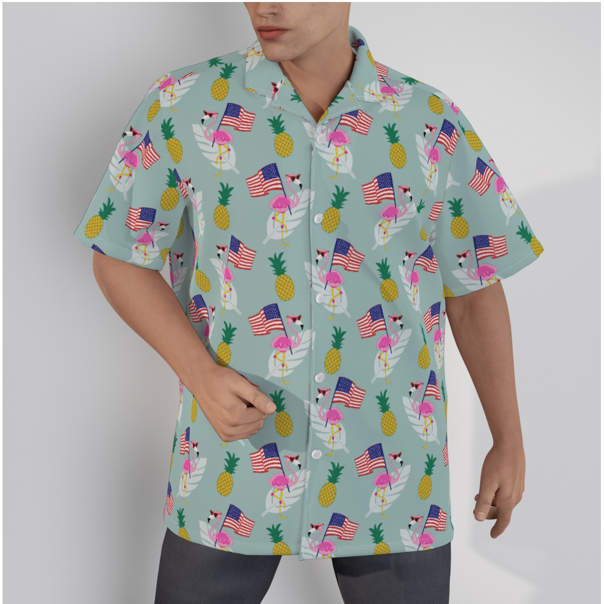 Patriotic Flamingo Cotton Hawaiian Shirt For Men