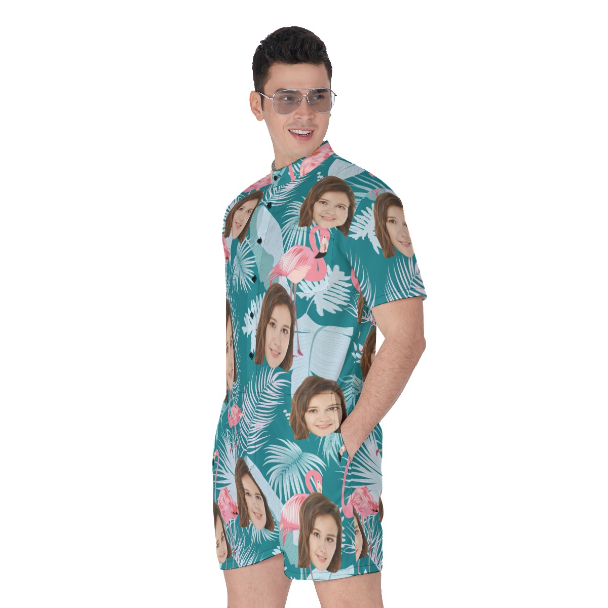 Tropical Leaf Flamingo Custom Face Men's Romper