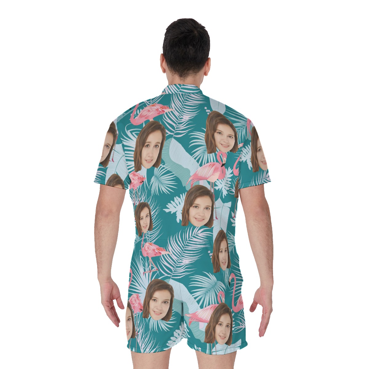 Tropical Leaf Flamingo Custom Face Men's Romper