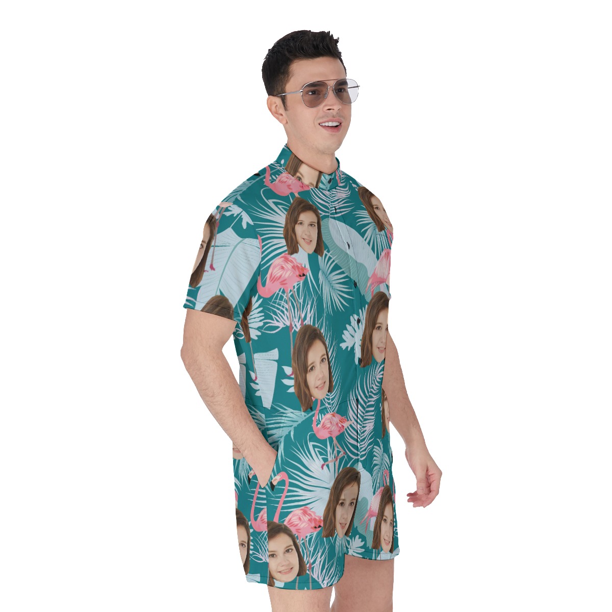 Tropical Leaf Flamingo Custom Face Men's Romper