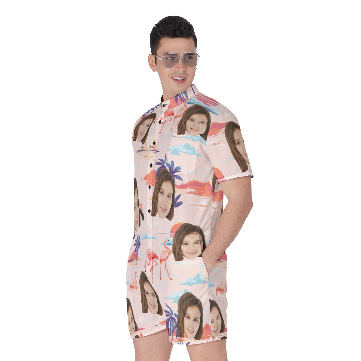 Custom Face Flamingo Beach Romper For Men