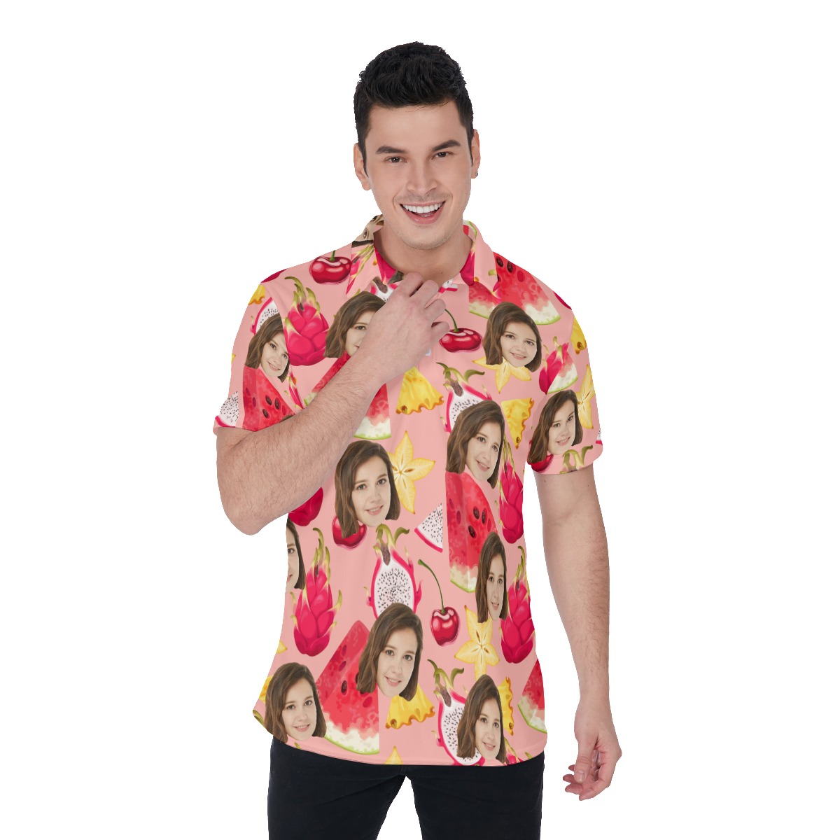 Funny Watermelon Men's Hawaiian Polo Shirt With Custom Face - variant image 1