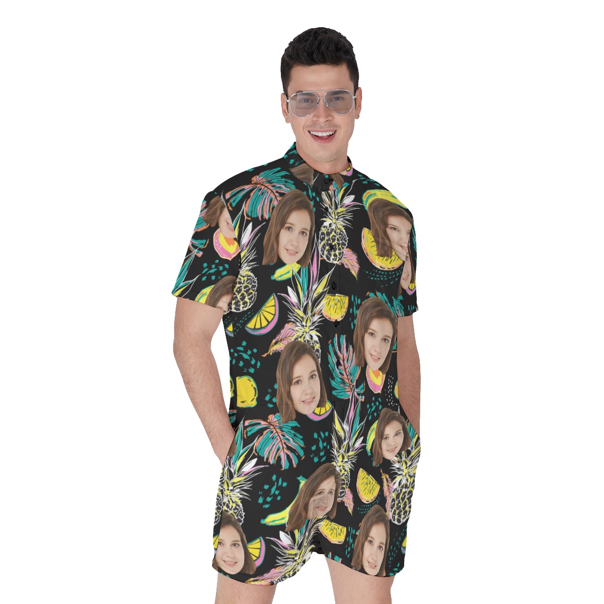 Vintage Pineapple Men's Hawaiian Romper With Custom Face - variant image 1