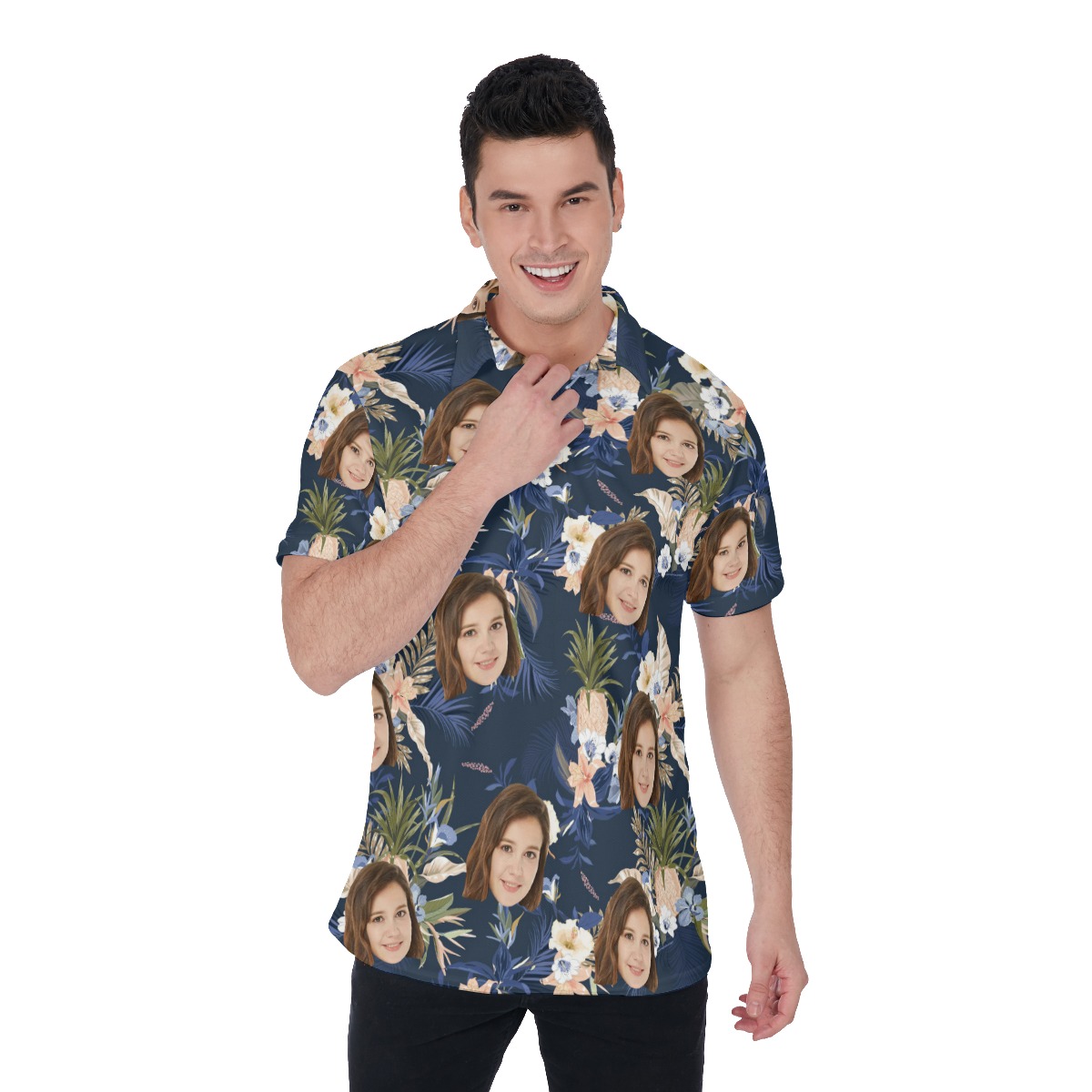 Vintage Floral Navy Polo Shirt With Face - variant image 1