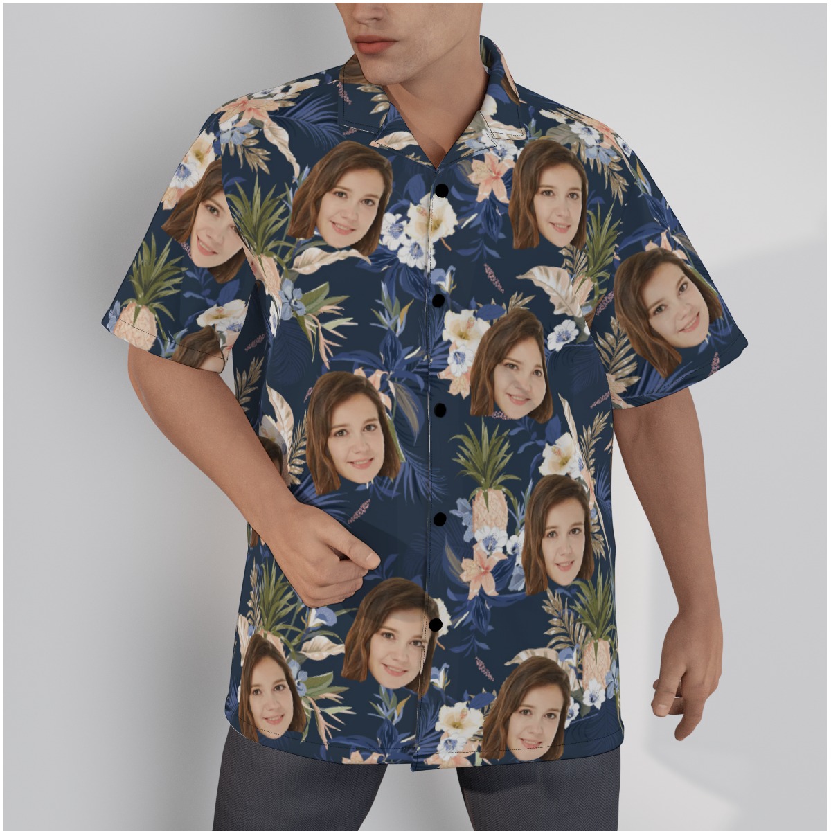 Vintage Floral Navy Hawaiian Shirt With Face - variant image 1