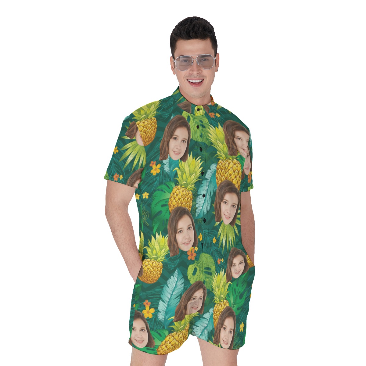 Pineapple Green Men's Romper With Multi Faces - variant image 1