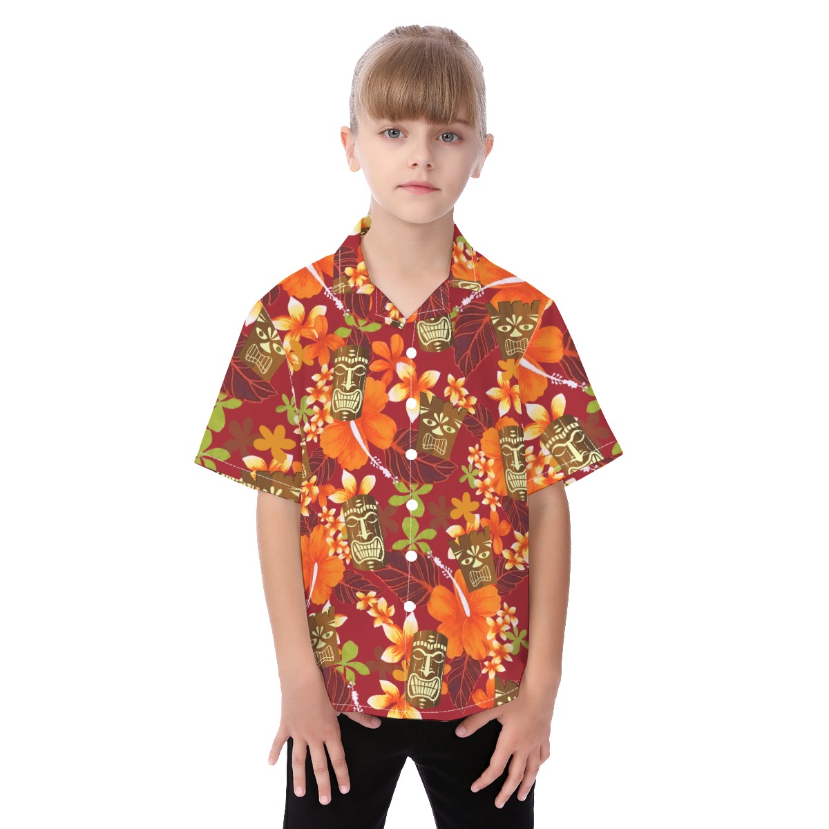 Cute Tiki Tropical Hibicus Orange Aloha Shirt For Kids - variant image 1