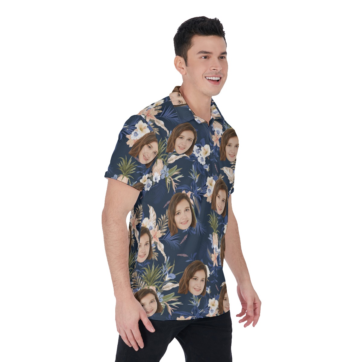 Vintage Floral Navy Polo Shirt With Face