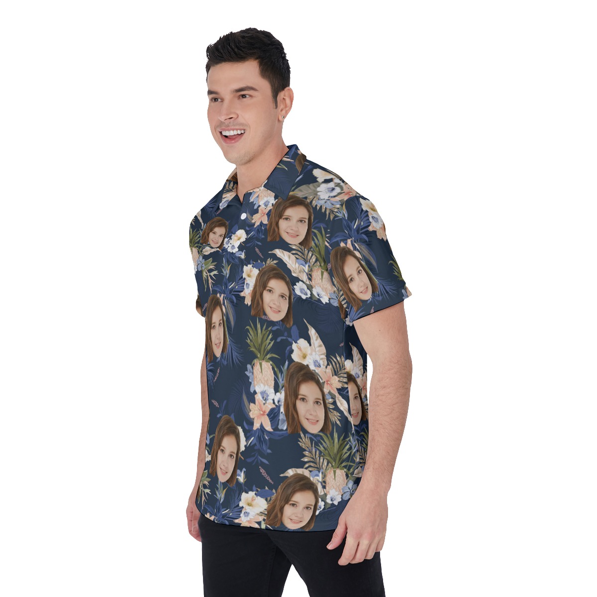 Vintage Floral Navy Polo Shirt With Face