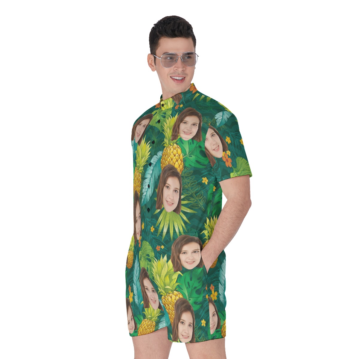 Pineapple Green Men's Romper With Multi Faces