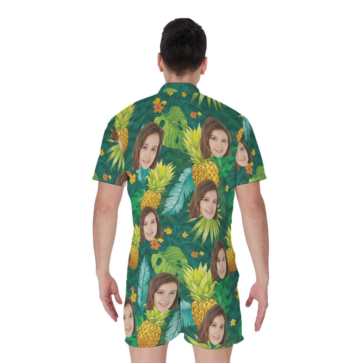 Pineapple Green Men's Romper With Multi Faces