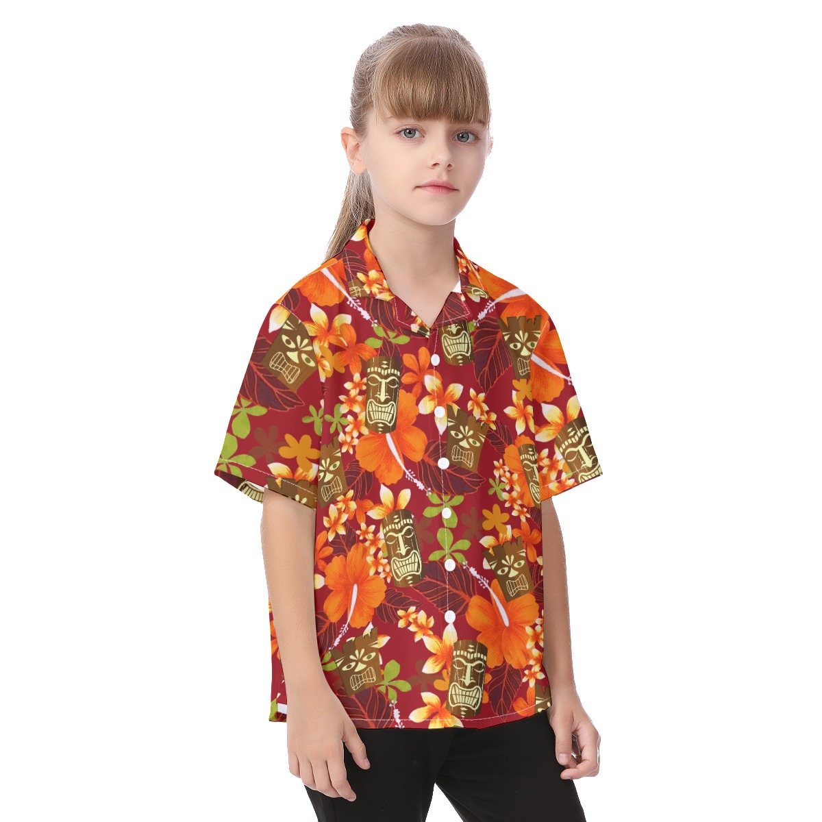 Cute Tiki Tropical Hibicus Orange Aloha Shirt For Kids