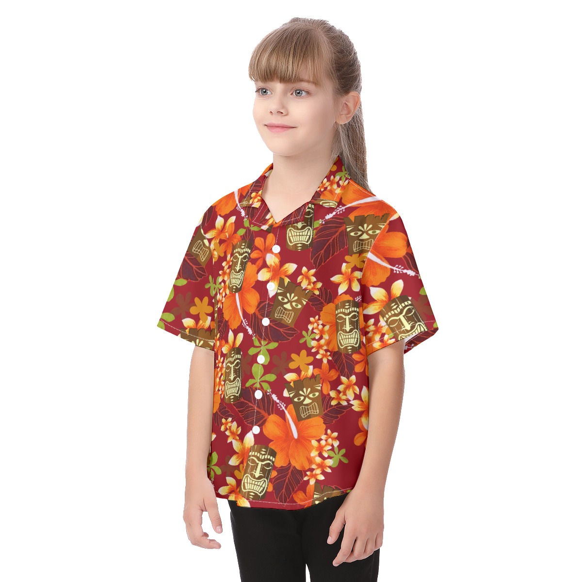 Cute Tiki Tropical Hibicus Orange Aloha Shirt For Kids