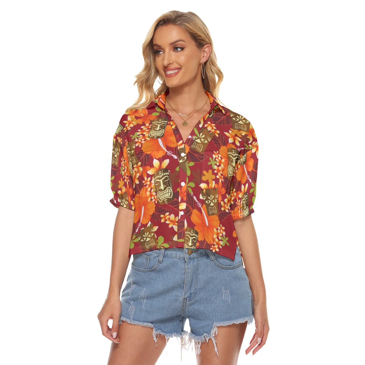 Floral Tiki Hawaiian Cropped Shirt For Summer - variant image 1