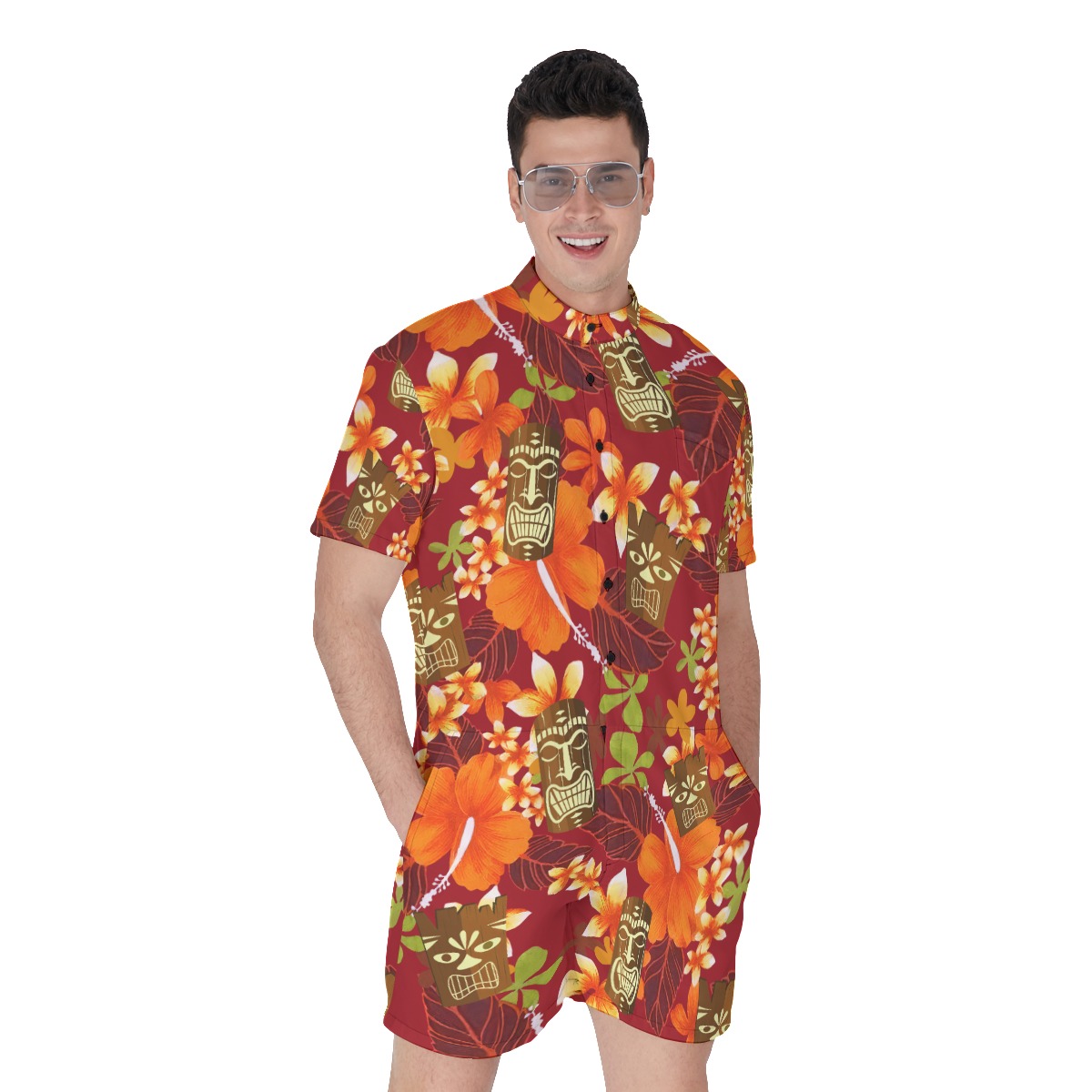 Funny Tiki Tropical Orange Hawaiian Romper For Men - variant image 1
