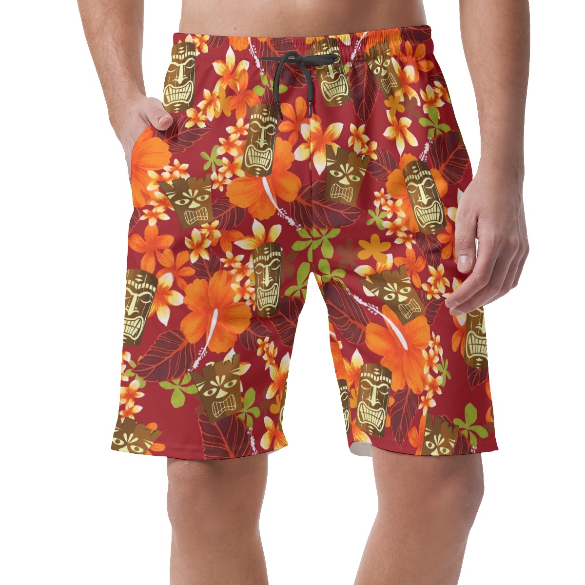 Funny Tiki Floral Orange Hawaiian Beach Shorts For Men - variant image 1