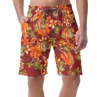 Funny Tiki Floral Orange Hawaiian Beach Shorts For Men