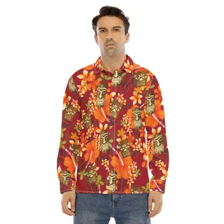 Funny Tiki Floral Orange Hawaiian Long Sleeve Shirt For Men