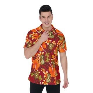 Cute Tiki Hibicus Orange Hawaiian Polo Shirt For Men
