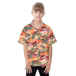 Cute Tiki Surfing Tropical Orange Aloha Shirt For Kids