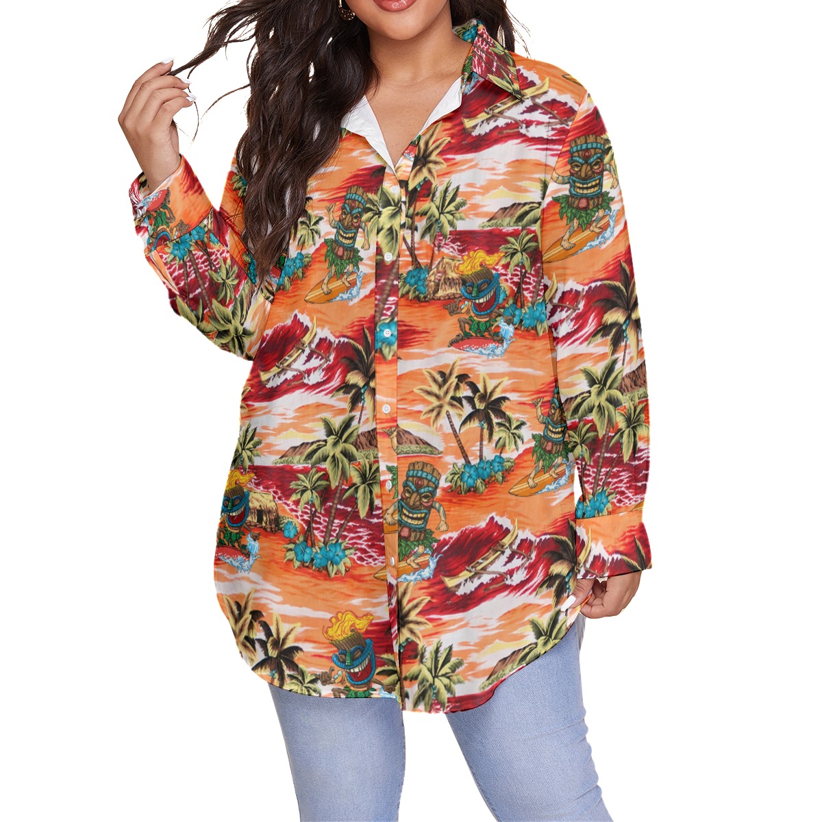 Funny Tiki Surfing Tropical Orange Hawaiian Plus Size Shirt For Women - variant image 1