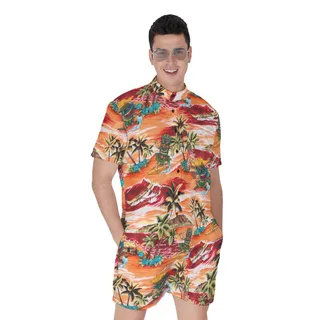 Tropical Palm Tree Tiki Surfing Men's Orange Hawaiian Romper