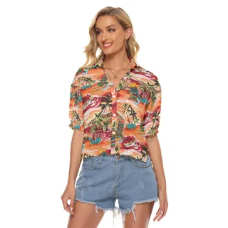 Tropical Palm Tree Tiki Surfing Hawaiian Crop Top Shirt For Women
