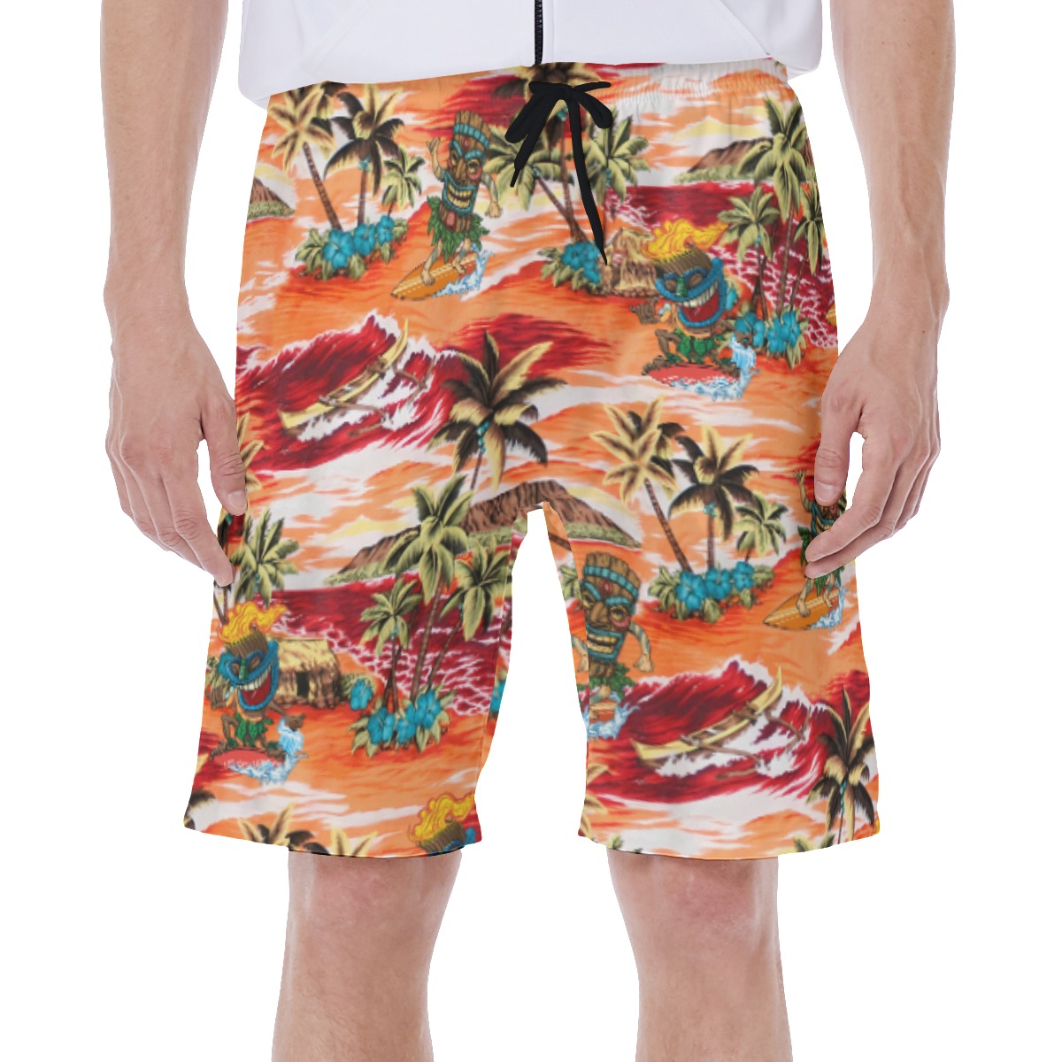 Funny Tiki Surfing Tropical Palm Tree Orange Hawaiian Swim Trunks For Men - variant image 1