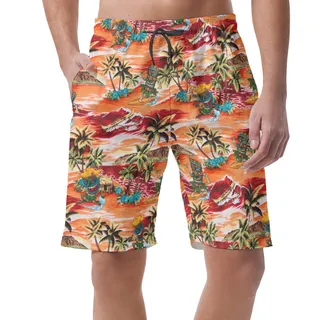Funny Tiki Surfing Tropical Orange Hawaiian Beach Shorts For Men