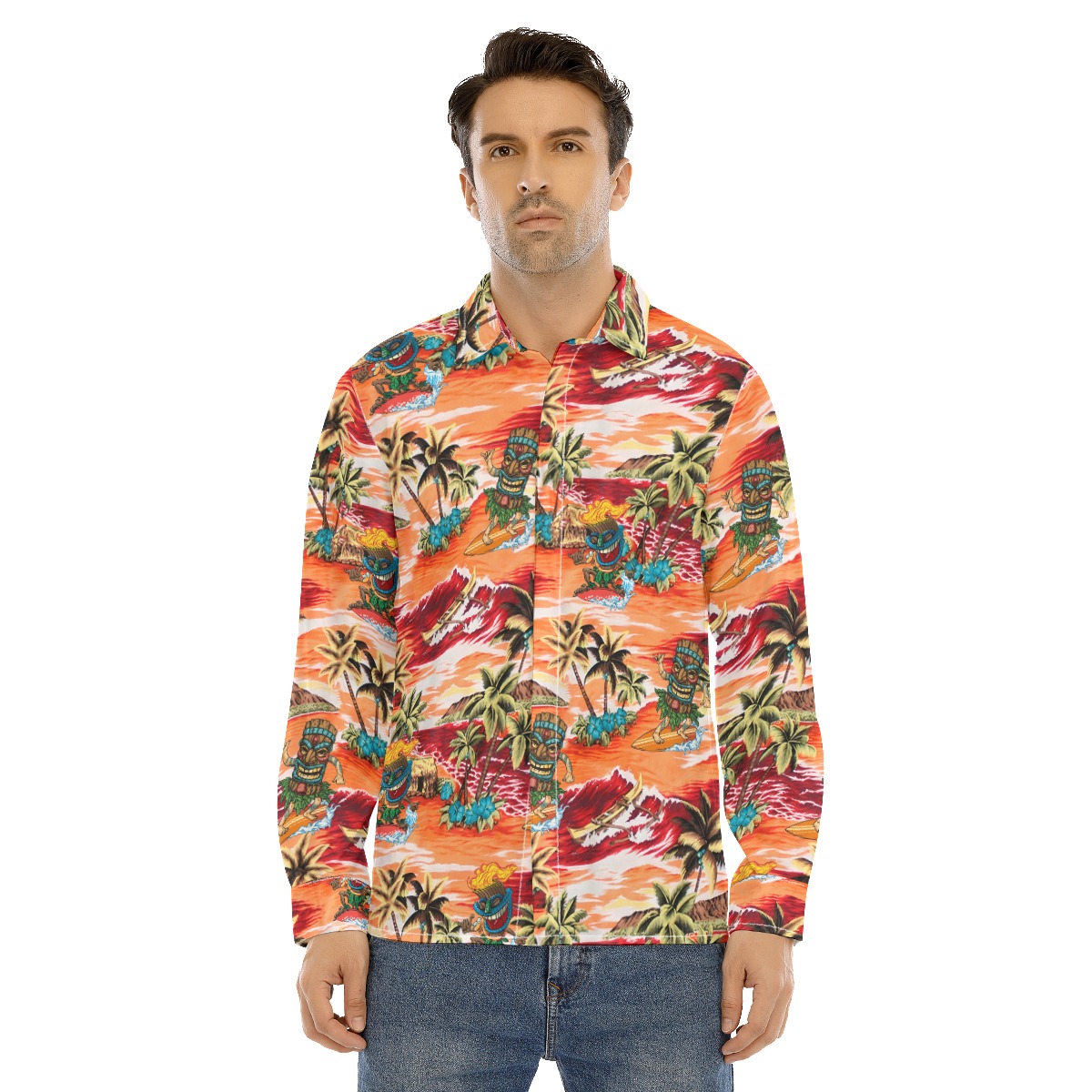 Tropical Tiki Surfing Orange Hawaiian Long Sleeve Shirt For Men - variant image 1