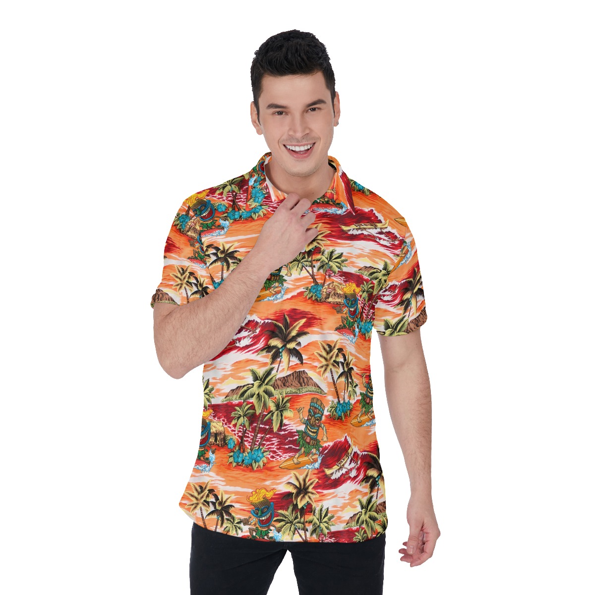 Funny Tiki Surfing Tropical Orange Polo Shirt For Men - variant image 1