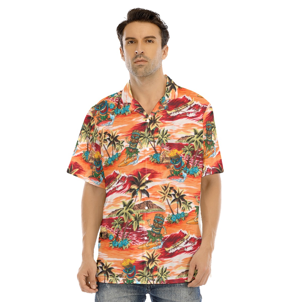 Funny Tiki Surfing Orange Hawaian Shirt - variant image 1