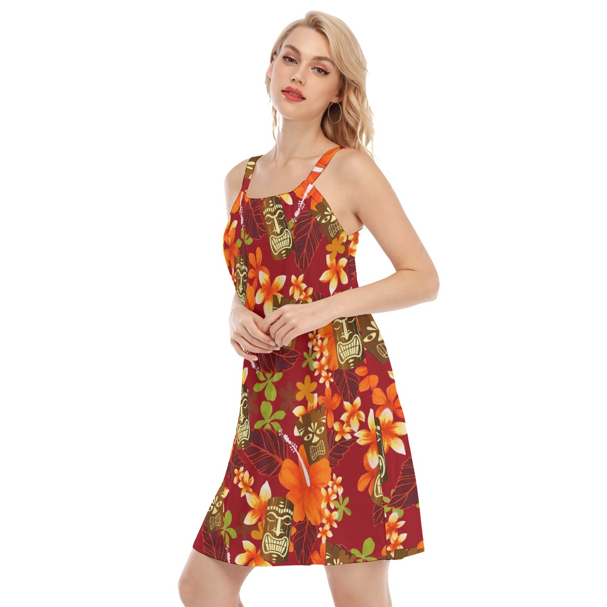 Cute Tiki Tropical Hibicus Orange Aloha Dress For Women
