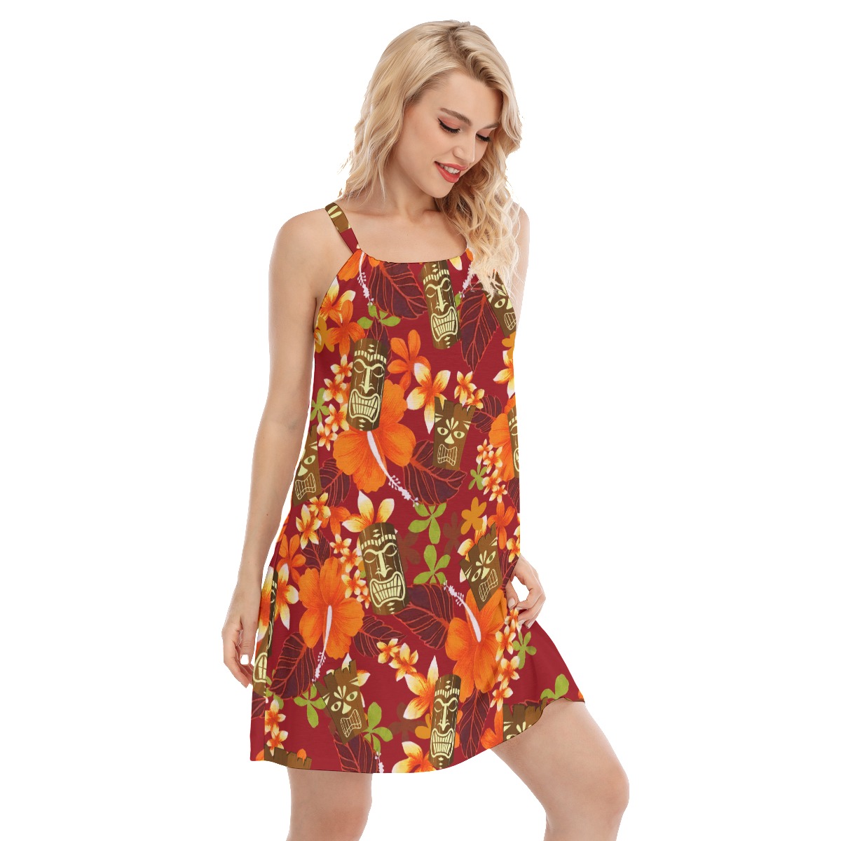 Cute Tiki Tropical Hibicus Orange Aloha Dress For Women