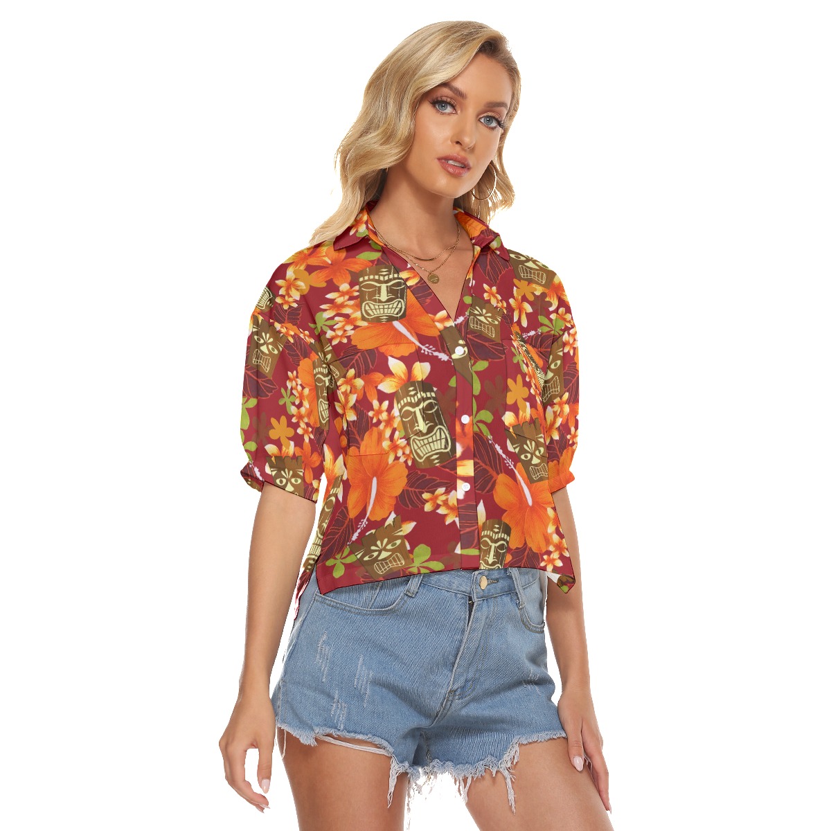 Floral Tiki Hawaiian Cropped Shirt For Summer