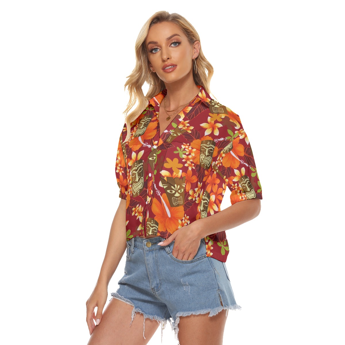Floral Tiki Hawaiian Cropped Shirt For Summer