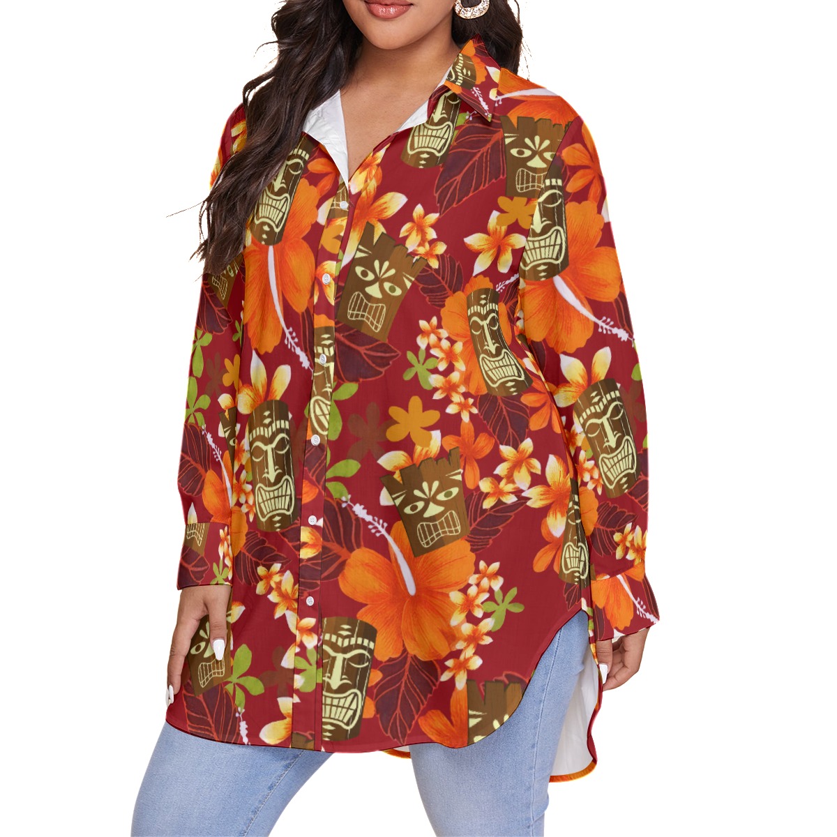 Funny Tiki Tropical Hibicus Hawaiian Plus Size Shirt For Women