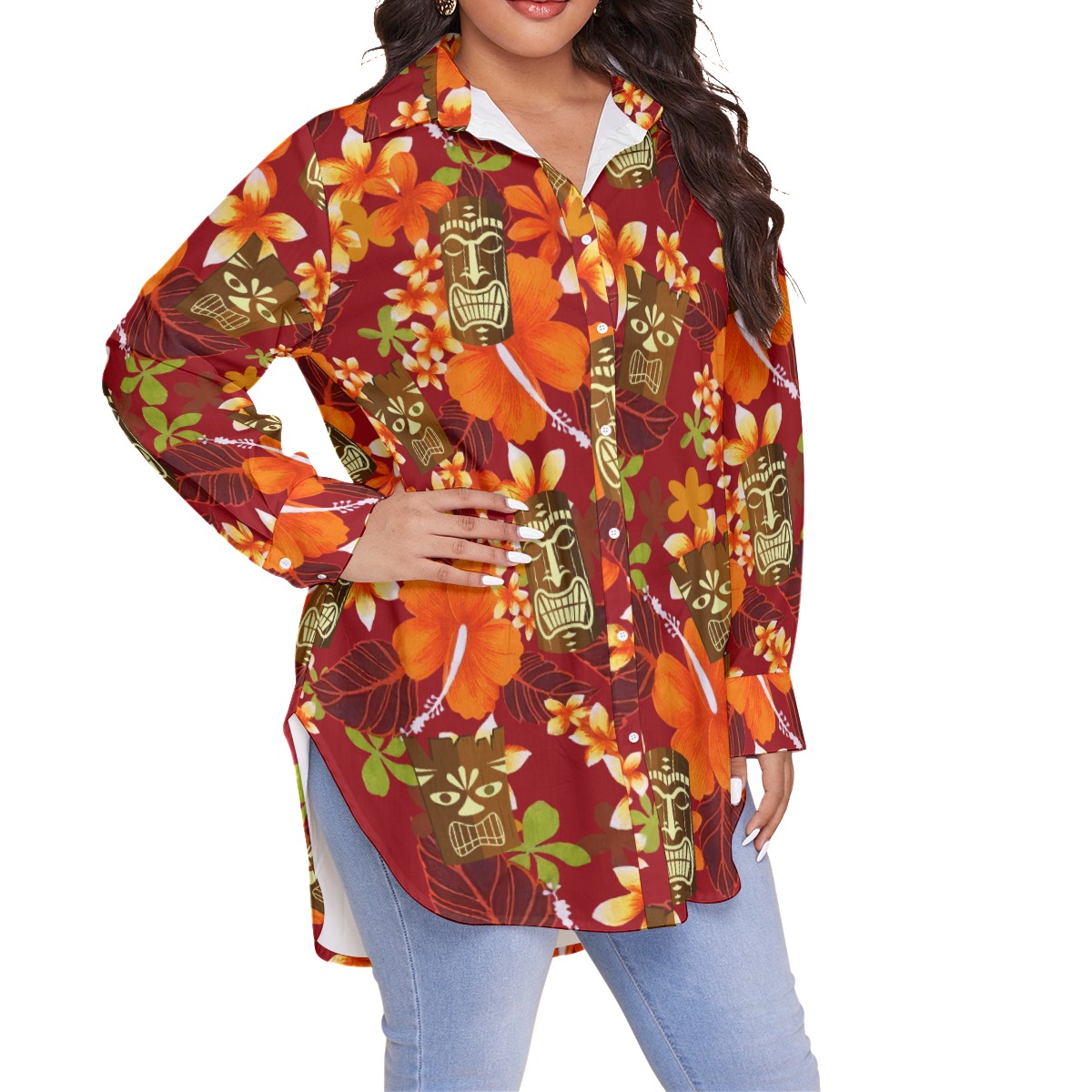 Funny Tiki Tropical Hibicus Hawaiian Plus Size Shirt For Women