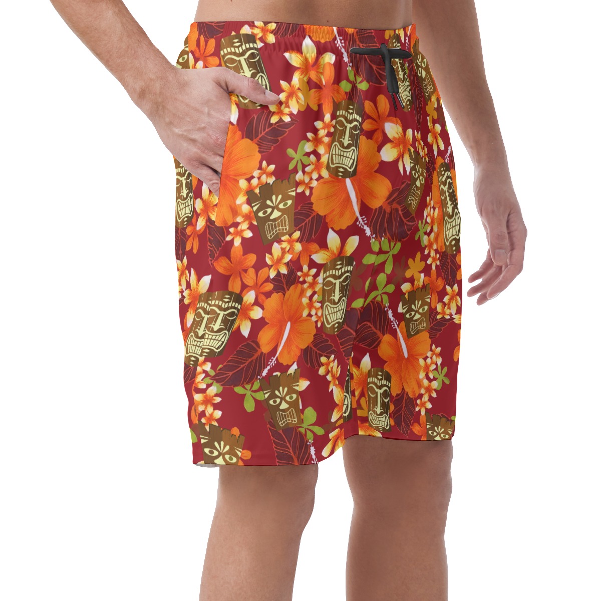 Funny Tiki Floral Orange Hawaiian Beach Shorts For Men