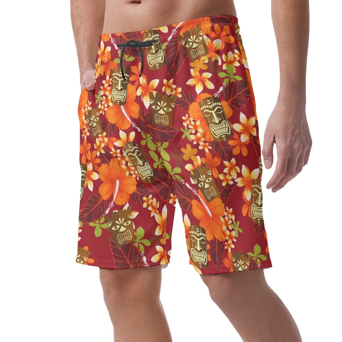 Funny Tiki Floral Orange Hawaiian Beach Shorts For Men