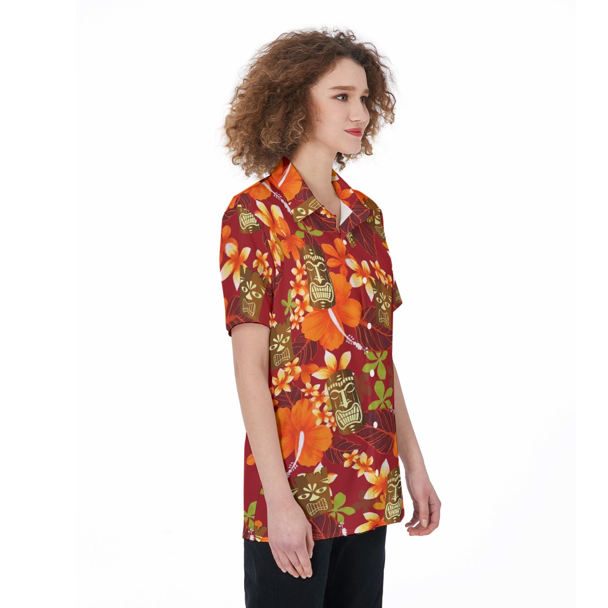 Cute Tiki Floral Orange Aloha Shirt For Women