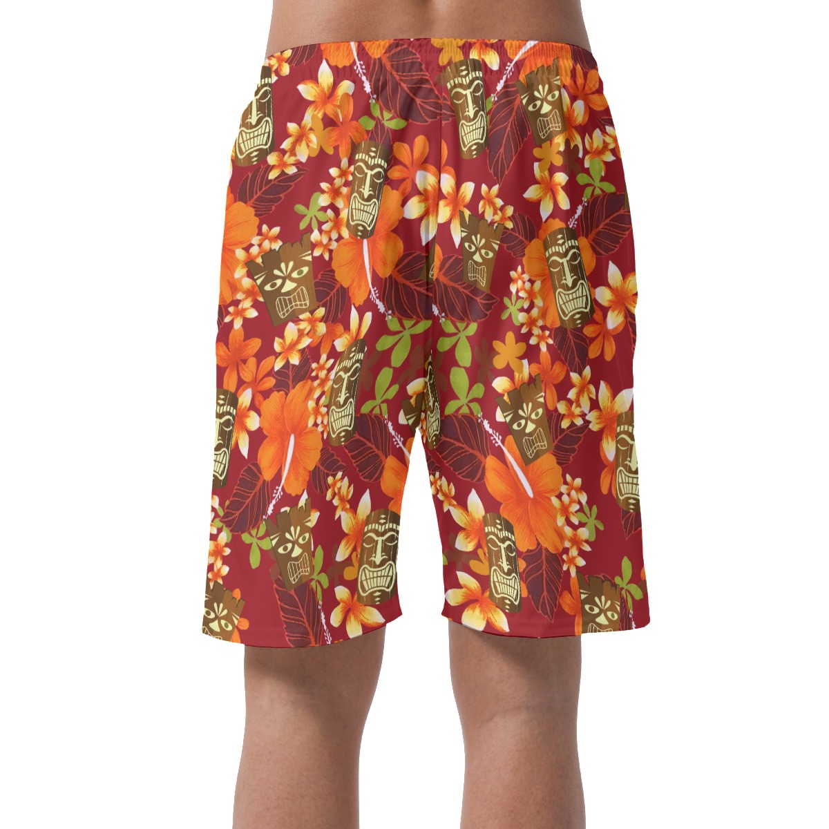 Funny Tiki Floral Orange Hawaiian Beach Shorts For Men