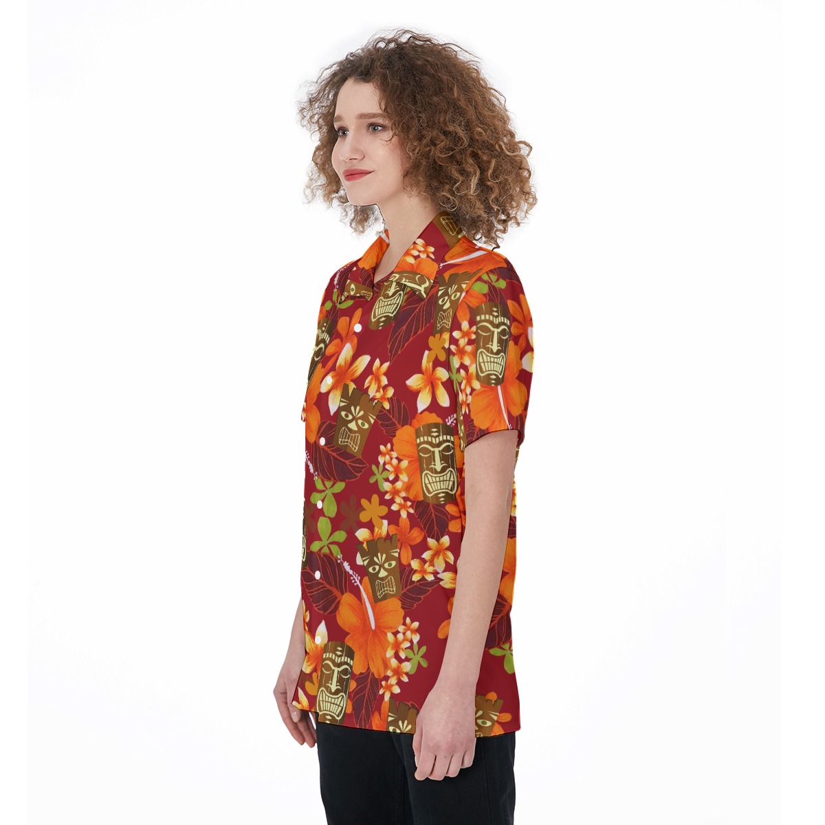 Cute Tiki Floral Orange Aloha Shirt For Women