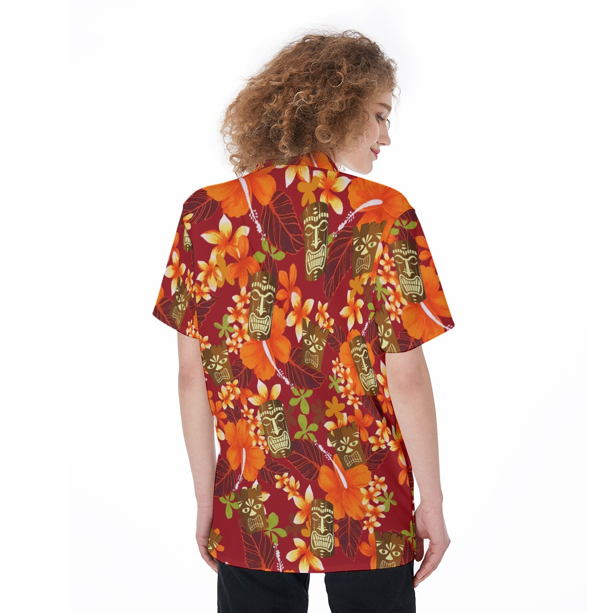 Cute Tiki Floral Orange Aloha Shirt For Women