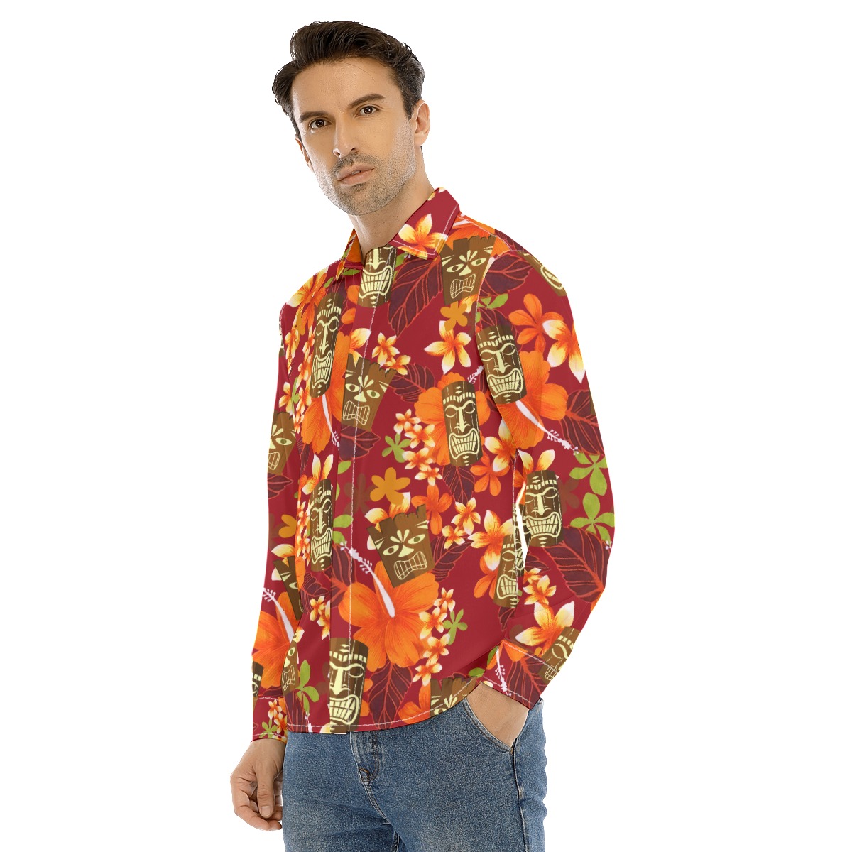 Funny Tiki Floral Orange Hawaiian Long Sleeve Shirt For Men