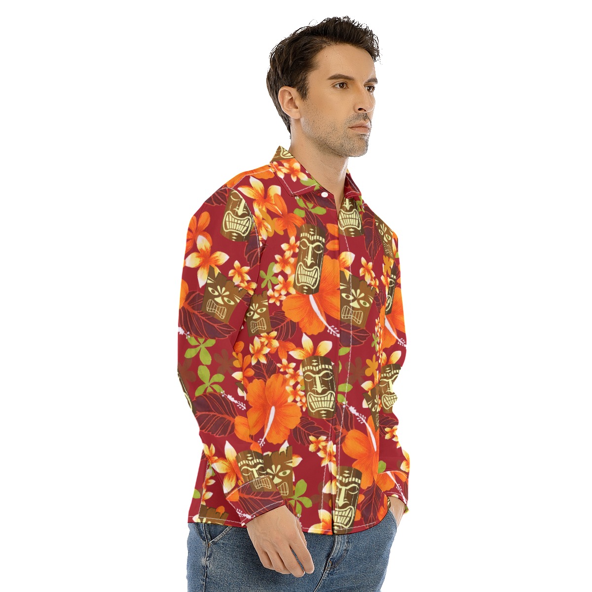 Funny Tiki Floral Orange Hawaiian Long Sleeve Shirt For Men