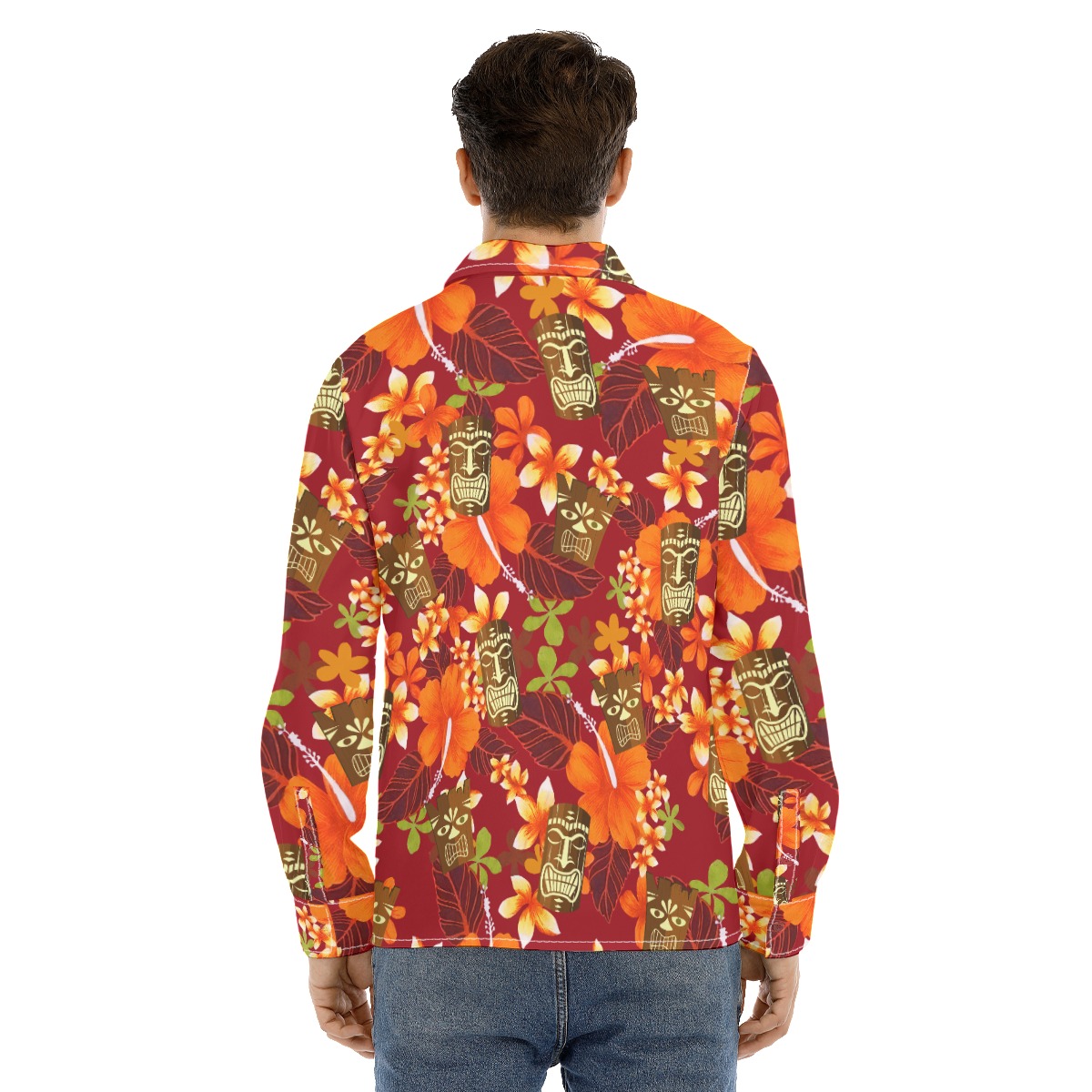Funny Tiki Floral Orange Hawaiian Long Sleeve Shirt For Men