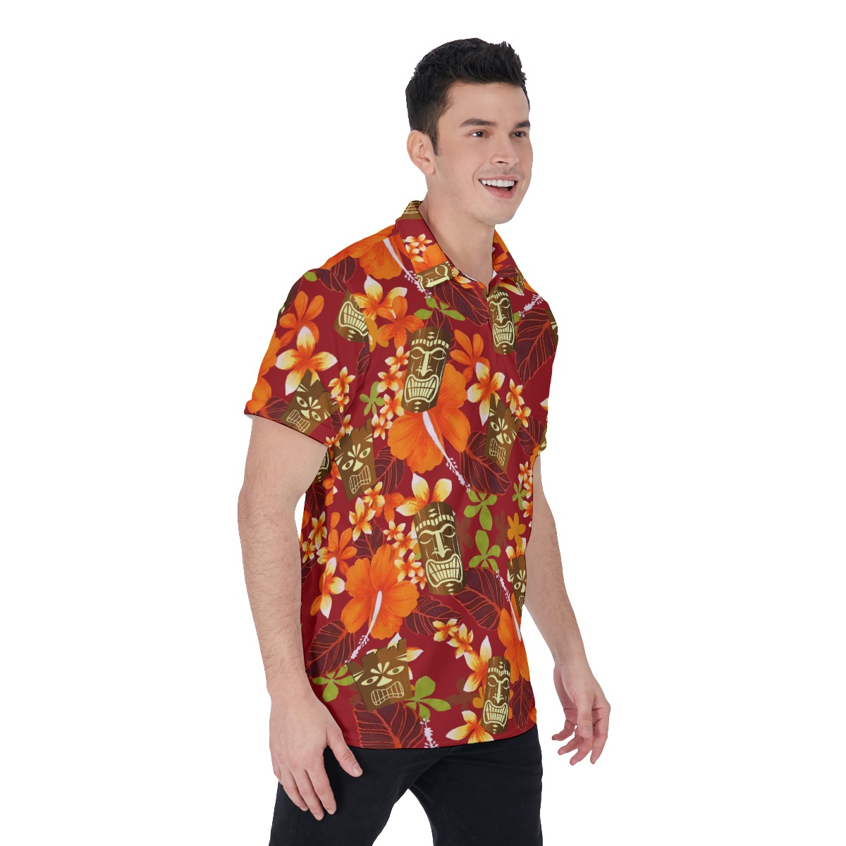 Cute Tiki Hibicus Orange Hawaiian Polo Shirt For Men