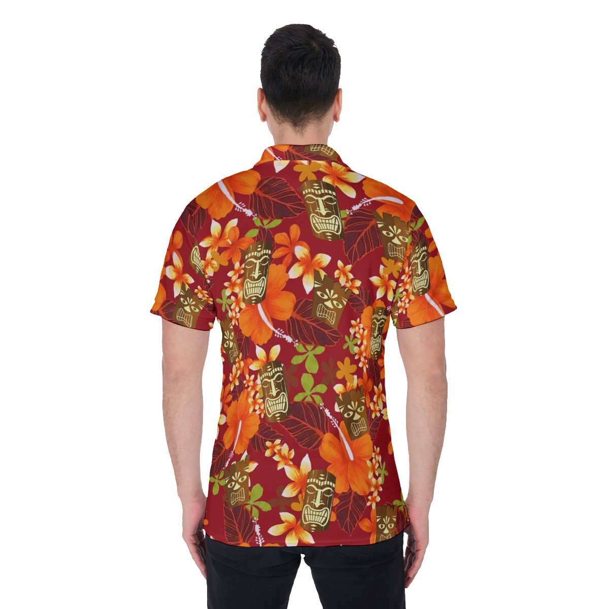 Cute Tiki Hibicus Orange Hawaiian Polo Shirt For Men